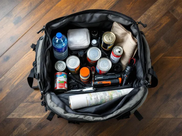 Gepackter Notfallrucksack mit Ausrüstung