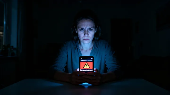 Frau schaut in der Nacht auf Smartphone mit greller Warnmeldung